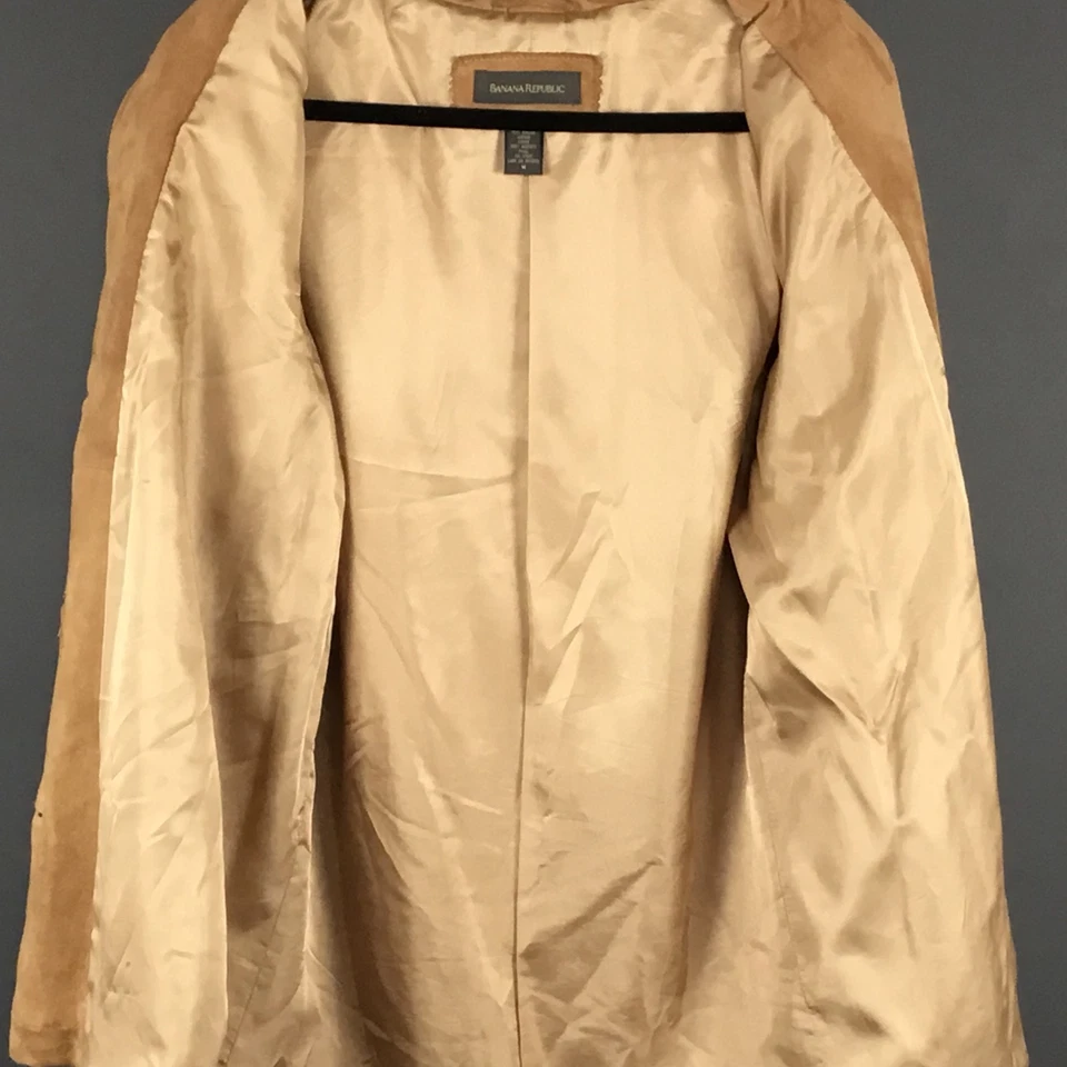 Jaqueta Banana Republic Masculina Média Couro Camurça Marrom Botão Frontal Casaco - Imagem 3 de 4