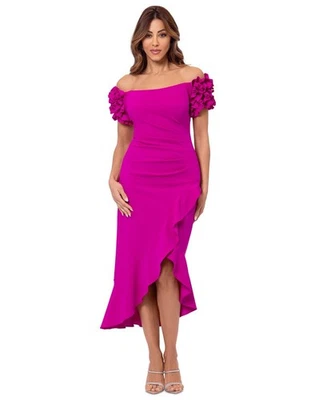Xscape Women's Off-the-Shoulder Scuba Crepe MIDI Dress, New Fuchsia, Size-14 - image 1 of 3