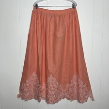 NWT Ming Wang Women’s Size M Embroidered Linen Blend Midi Skirt Elastic Waist