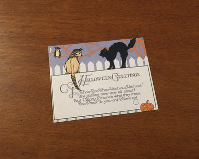 Reproduction Vintage Greeting Card Halloween Black Cat JOL Owl Poem Brand New