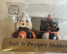New Johanna Parker Ghost & Cat Pumpkin Salt Pepper Shakers Halloween Vintage Sty