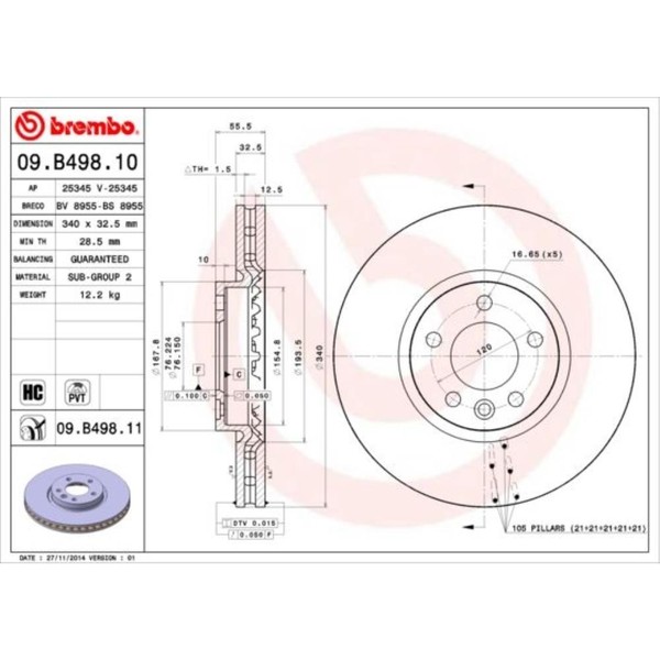 Brembo 2X Bremsscheibe Vorne Ø340 Mm InnenbelüFtet FüR VW Transporter VI Kasten-image