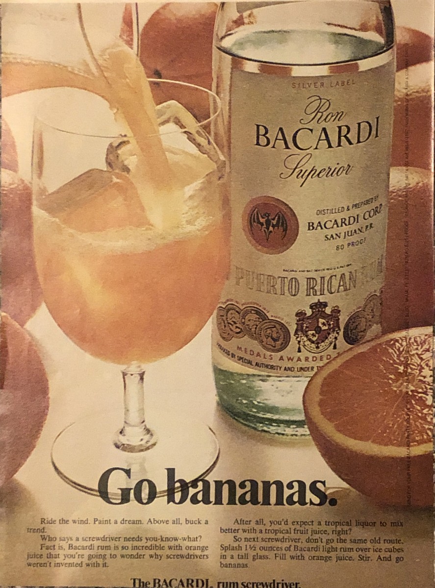 Bacardi Rum VTG 1970s PRINT AD 1974 Screwdriver Orange Juice Ice