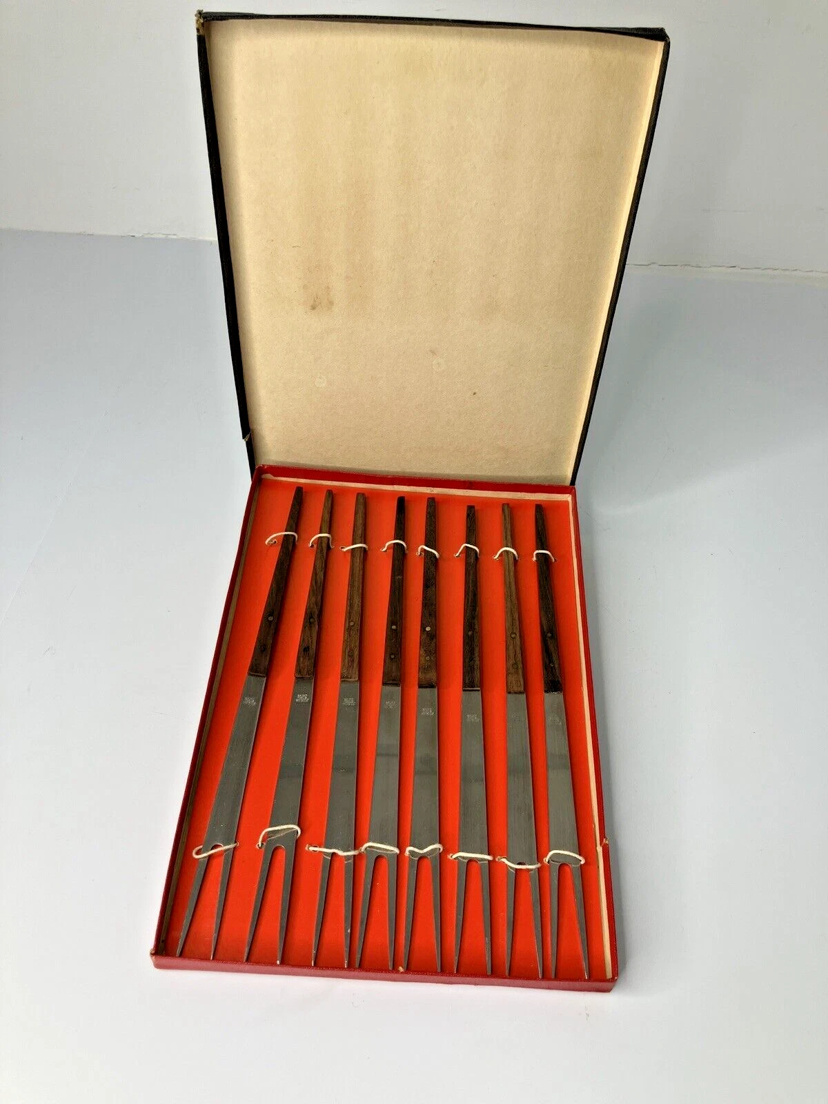 Vintage Mid Century Fondue Forks Stainless Wooden Handles in Box Japan Set/8