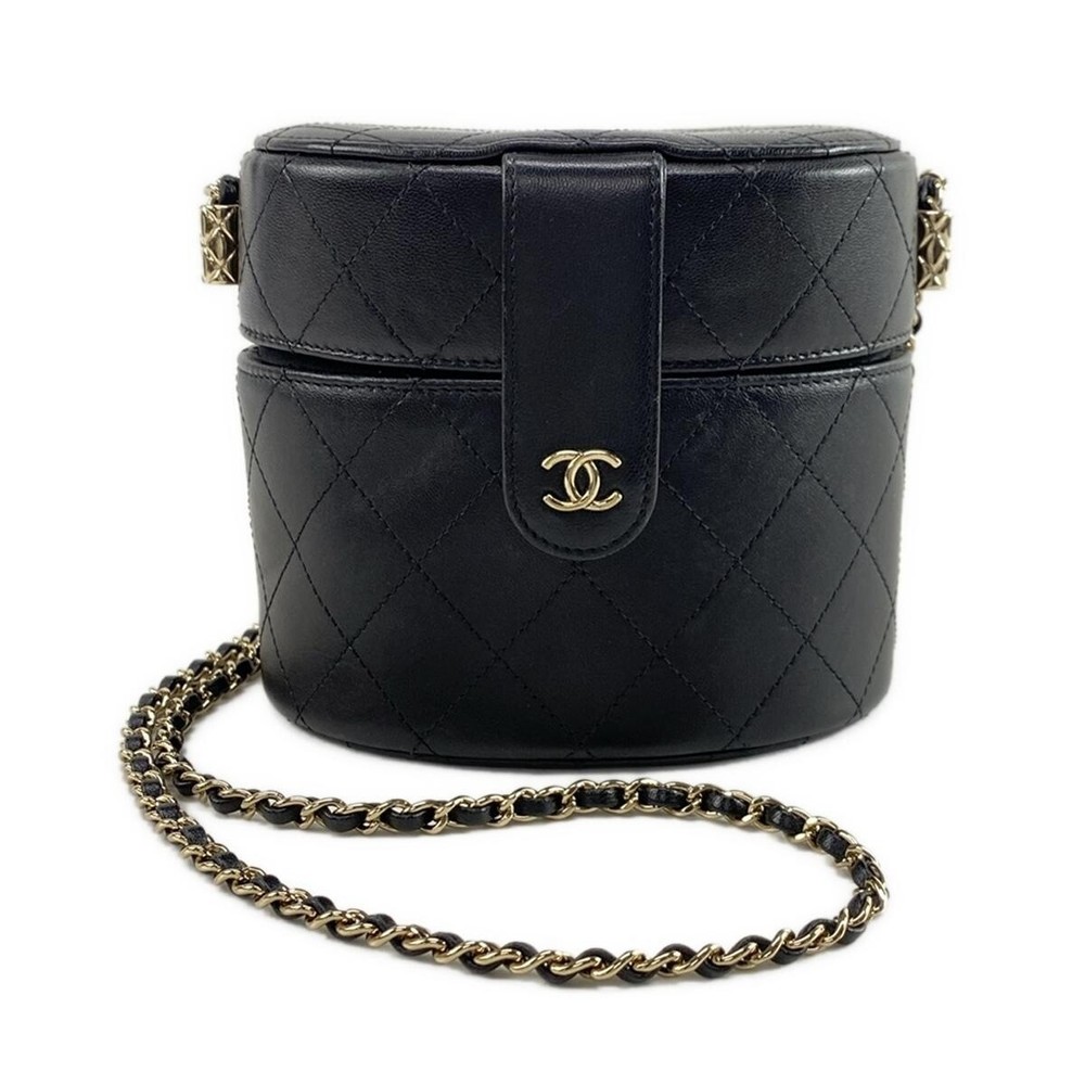 Auth CHANEL Matelasse AP1616 Black Lambskin Vanity Bag Gold hardware