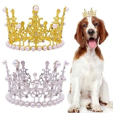 2 PCS Large Dog Crown Headband Rhinestone Pearl Party Hat for Wedding Silver