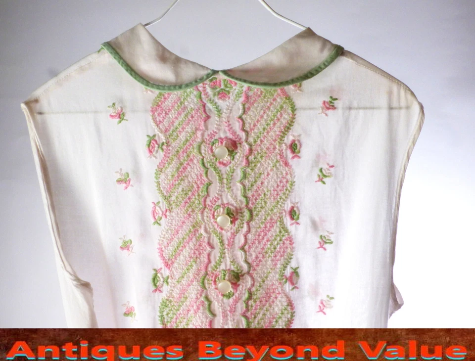 Vestido Vintage Rosa y Blanco Bordado Algodón Francés Años 30 Cinta Original Foto 4 de 4