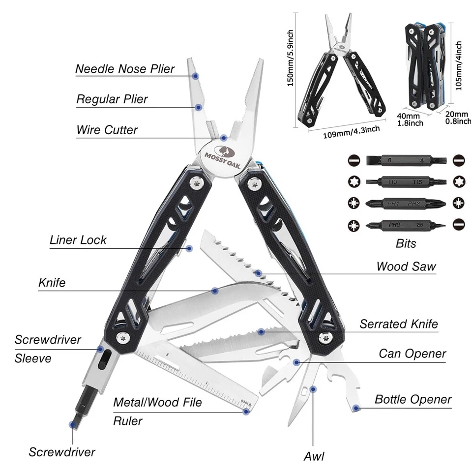Многофункциональный инструмент MOSSY OAK 21 в 1 карманный нож отвертка рукав плоскогубцы пила - Изображение 2 из 4