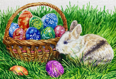 Watercolor Painting Easter Bunny or Rabbit Eggs Nature ACEO Art No.297
