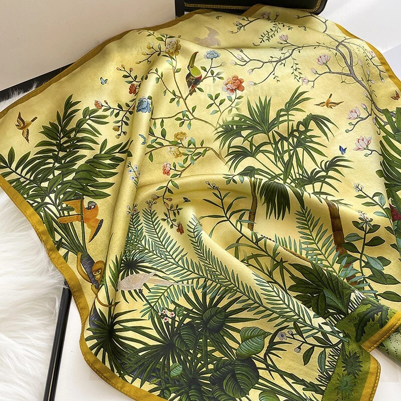 100% шелк 21» квадратный шарф женщин шейный платок надежном платок бандана зеленый цветок - Изображение 4 из 4