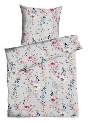 Satin-Bettwäsche Bettwäschegarnitur Baumwolle Grau Blau Rosa Blumen 135 x 200 cm