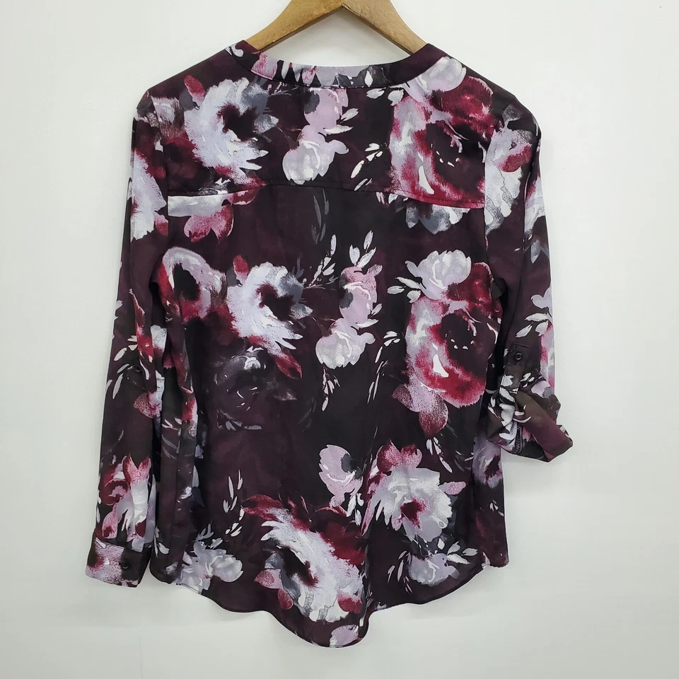 Simply Vera Vera Wang Womens PM Burgundy Floral Blouse V-Neck Long Sleeve Top - Image 4 of 4