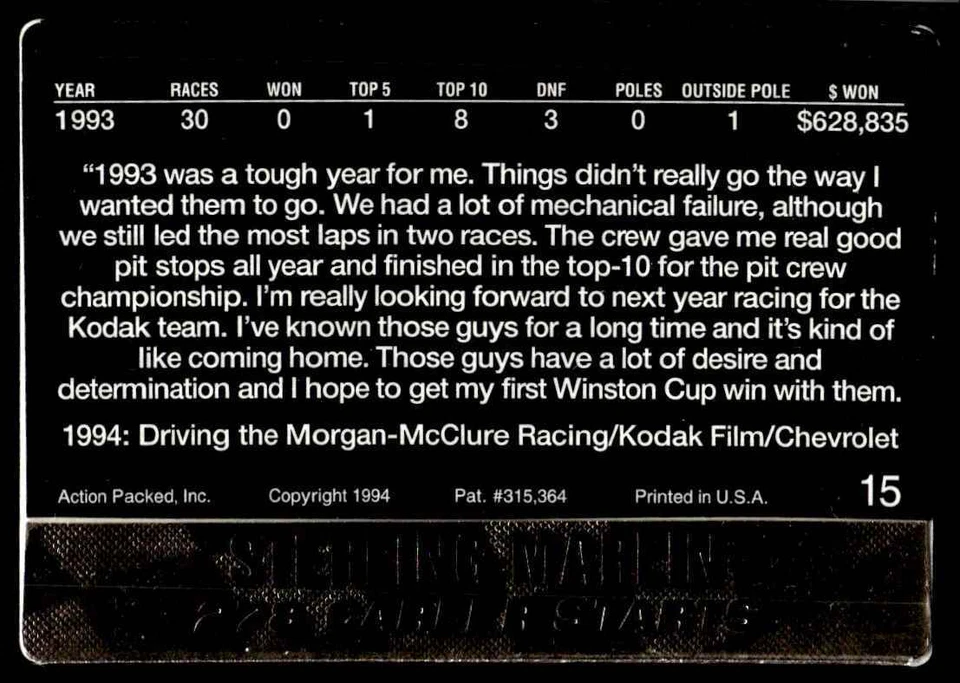 1994-95 Action Packed Racing Sterling Marlin #15 - Image 2 of 2