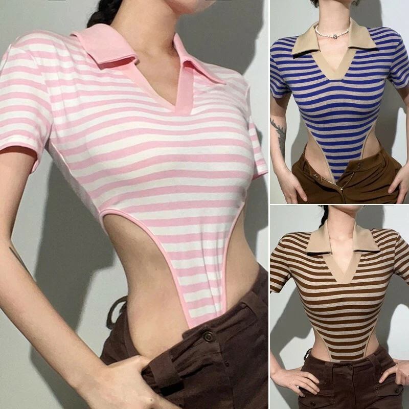 Damen Gestreift one piece Body Strampler Revers V-Ausschnitt Kurzärmeliges Top - Bild 4 von 4