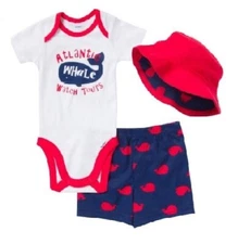 Gerber Baby Boy 3-Piece Red/Navy Whale w/ Cap, Pants & Onesie Set Size 0-3M