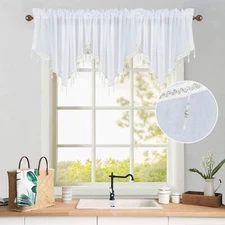 3 Panels Sheer Lace Swag Window Curtain Valance w/ Crystal Beads Kitchen Bedroom