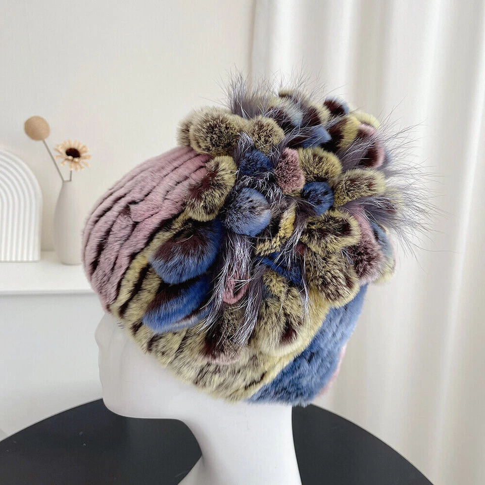 Women's Real Rex Rabbit Fur Hat Winter Warm Knitted Stretch Beanie Outdoor Cap - Image 4 of 4