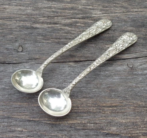 (2) S Kirk & Son Repousse Sterling Silver Master Salt Spoons 3 3/4"