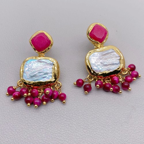 Cultured White Pearl Fuchsia Jade Tiger Eye Stud Earrings Dangle Fashion Earring - Picture 6 of 6