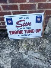 Sun Engine tune up heavy metal, protruding wall sign, 16in by 32 inches. rusty