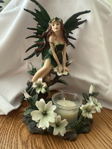Fairy Tealight Candle Holder Green Wing Fairy Figurine Floral Fantasy Decor