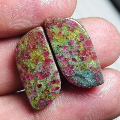 Natural Ruby Fuchsite Cabochon Pairs : Polished Gemstone Pair For Earrings