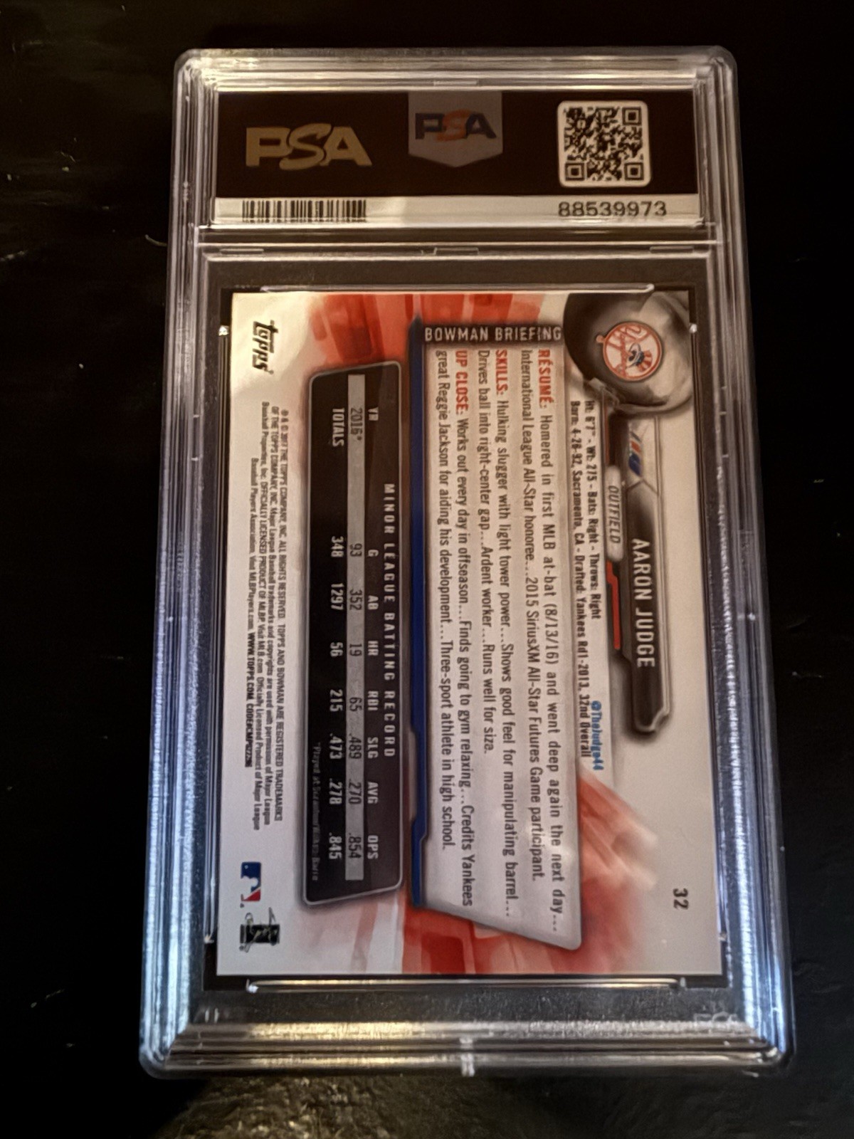 2017 Bowman Aaron Judge Yankees RC Rookie #32 PSA 10 Gem Mint view 2