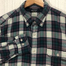 Nautica Plaid Flannel Button Up Shirt Long Sleeve Green Blue Red Men's Size L
