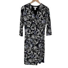 White House Black Market Womens Floral Paisley Faux Wrap Dress Size Small Black