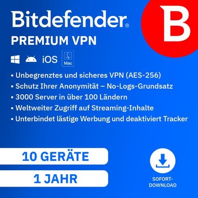 Bitdefender Premium VPN unlimited 2026 / 10 Geräte / 1 Jahr / KEY (ESD)