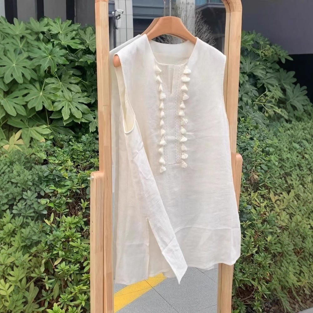 Womens Cotton Linen Tank Tops Sleeveless Tassels Blouse Pullover Retro Summer Sz