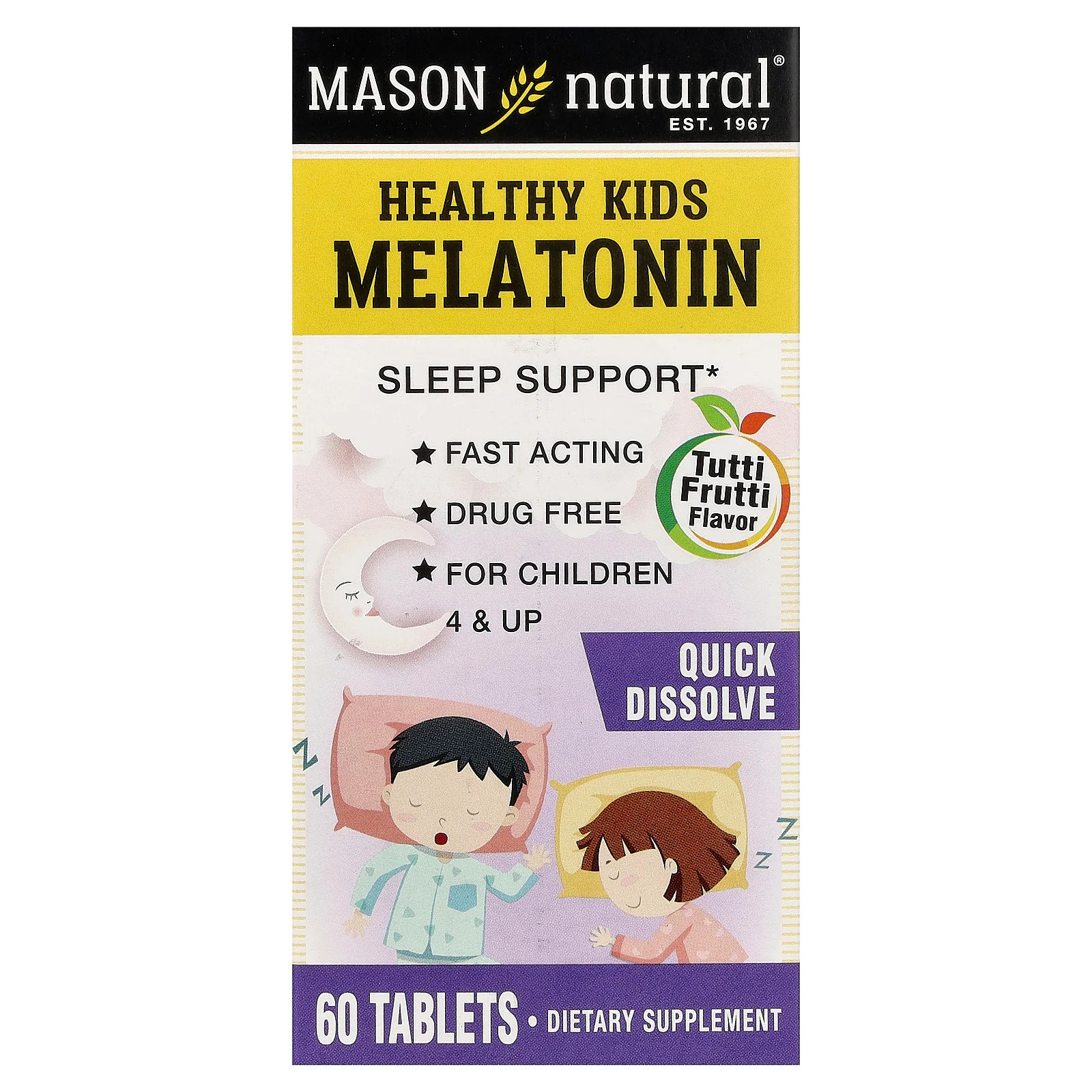 Мелатонин для здоровых детей, от 4 лет и старше, Tutti Frutti, 60 таблеток (по 500 мкг в каждой).