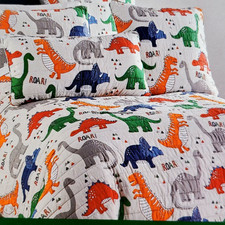 7pc Dinosaur Quilt Full/Queen Bedding Set Red Blue Green Orange Dinosaurs GRAY