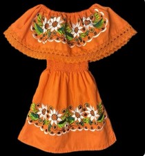 Mexican Dress Girls SZ 2 Off Shoulder Orange Embroidered Floral Smock Waist Lace