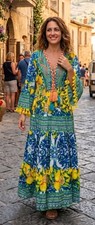 ANTICA SARTORIA Boho Italian Lemon Print Maxi Dress Bell Sleeve Tassel Detail 