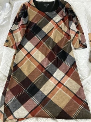 Connected Apparel Brown Plaid Dress Woman s Size 8 Super Soft Buttons On Sleeves