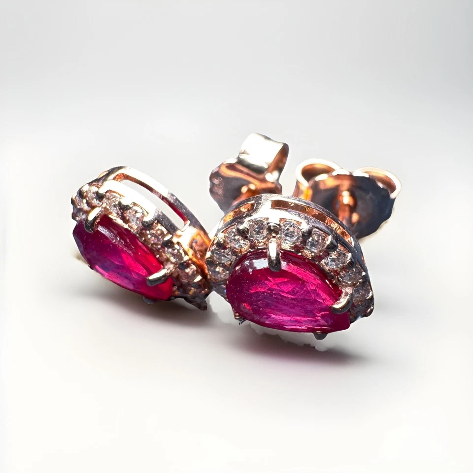14K Rose Gold Pear Cut 3.00ct Natural Ruby & 0.36ct Natural Diamonds Earrings - Image 4 of 4