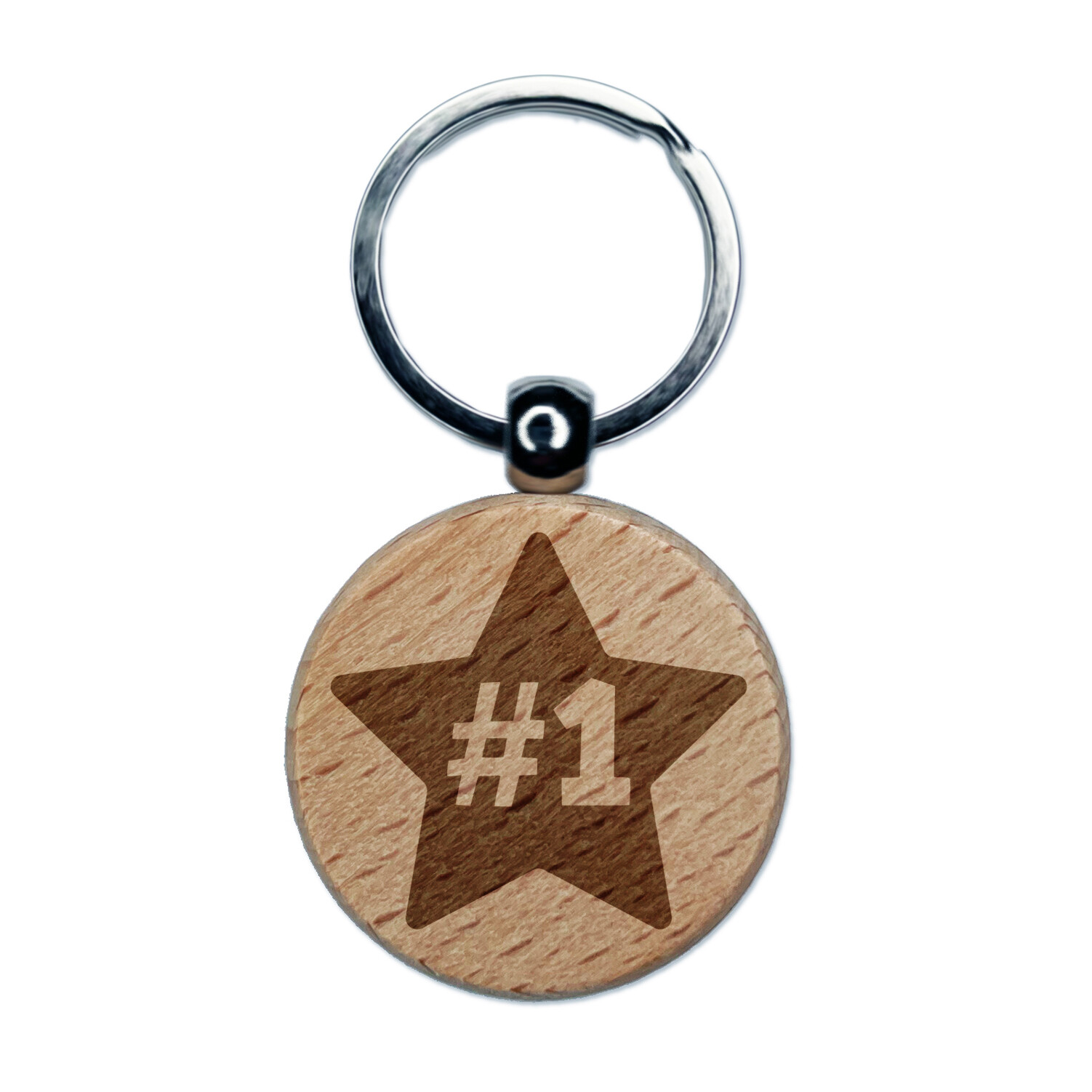 #1 Number One in Star Engraved Wood Round Keychain Tag Charm