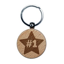 1 Number One in Star Engraved Wood Round Keychain Tag Charm