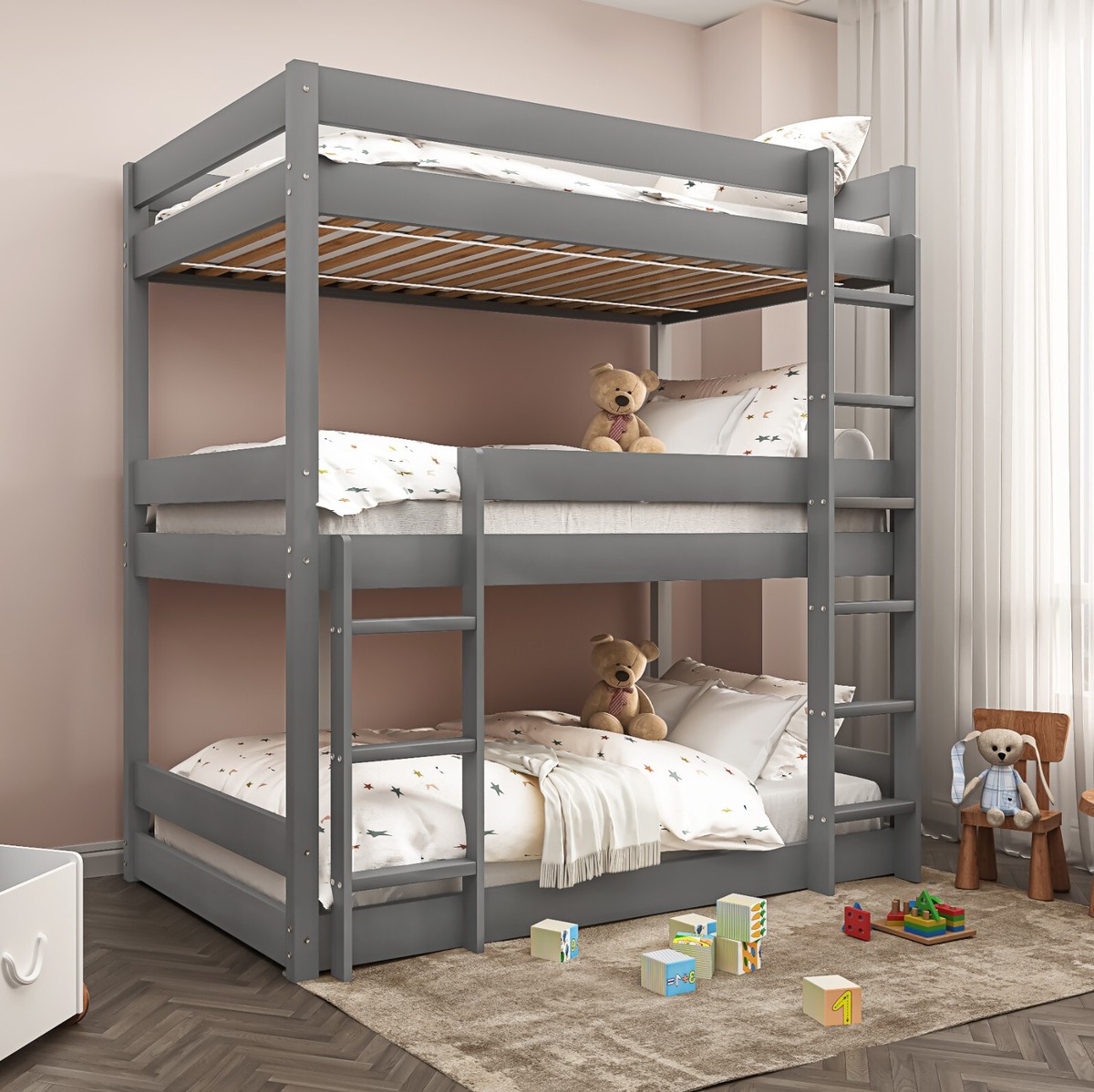 Triple Bunk Beds Kids Children High Sleeper Pine 3FT Single Wooden Triple Bunk Beds Kids Children High Sleeper Pine 3FT Single Wooden