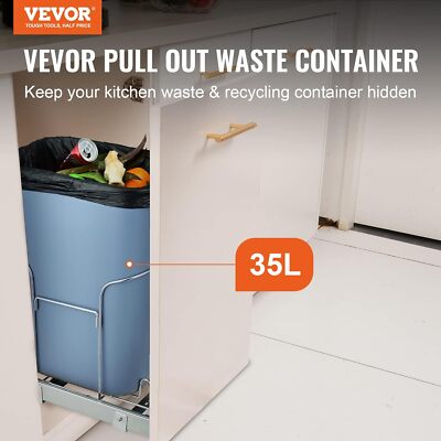 Pull-Out Trash Can, 35L Single Bin, Under Mount Kitchen Waste Container wi