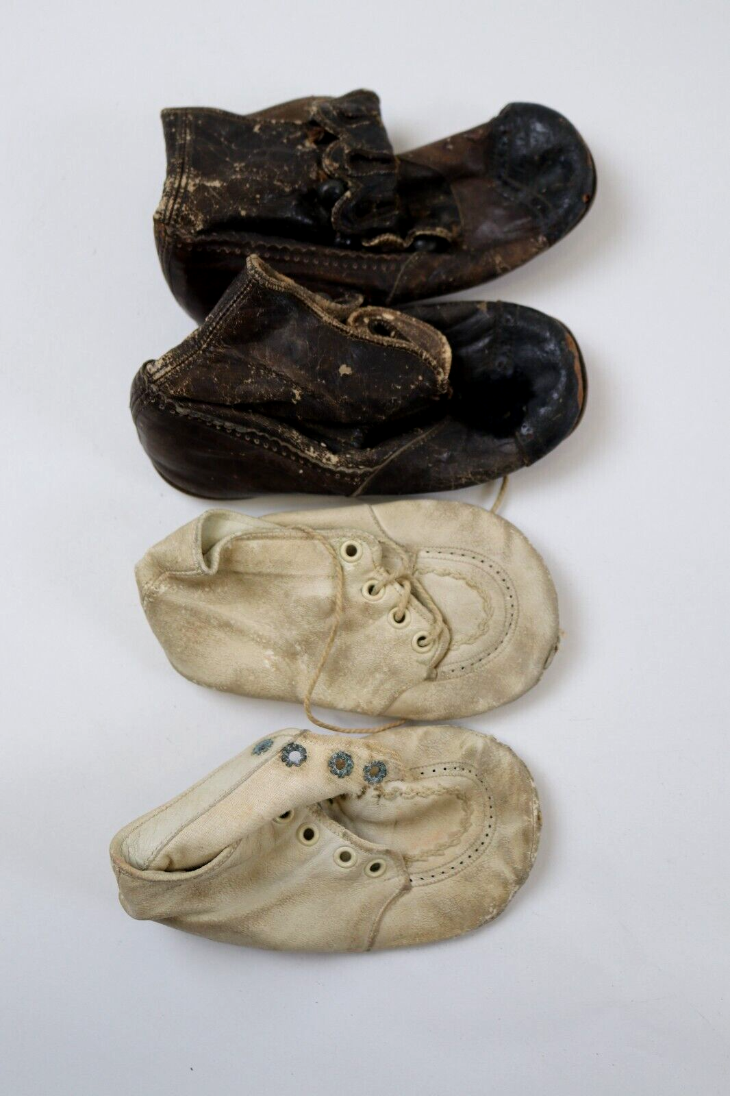 Antique Vintage Brown & White Leather Lace Up Toddler Shoes, 2 Pair !!-image