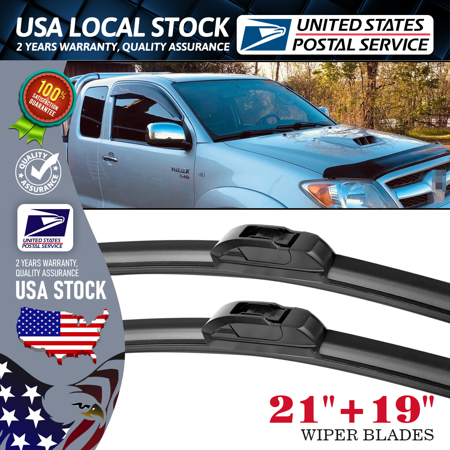 21 and 19 Inch Premium Durable Natural Rubber Windshield Wiper Blades J U Hook Compatible