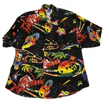 Vintage 90s Planet Hollywood Space Neon Aloha Hawaiian Shirt Men's Sz L Rainbow