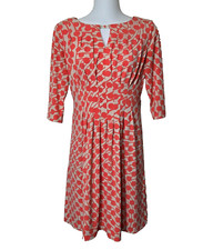 Tahari Arthur S Levine Dress Womens 2 Coral Beige Polka Dot Keyhole Neck Pintuck