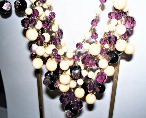 VINTAGE STATEMENT FOIL GLASS BEAD AND FAUX PEARL MULTI STRAND NECKLACE & EARRING - Picture 11 of 12