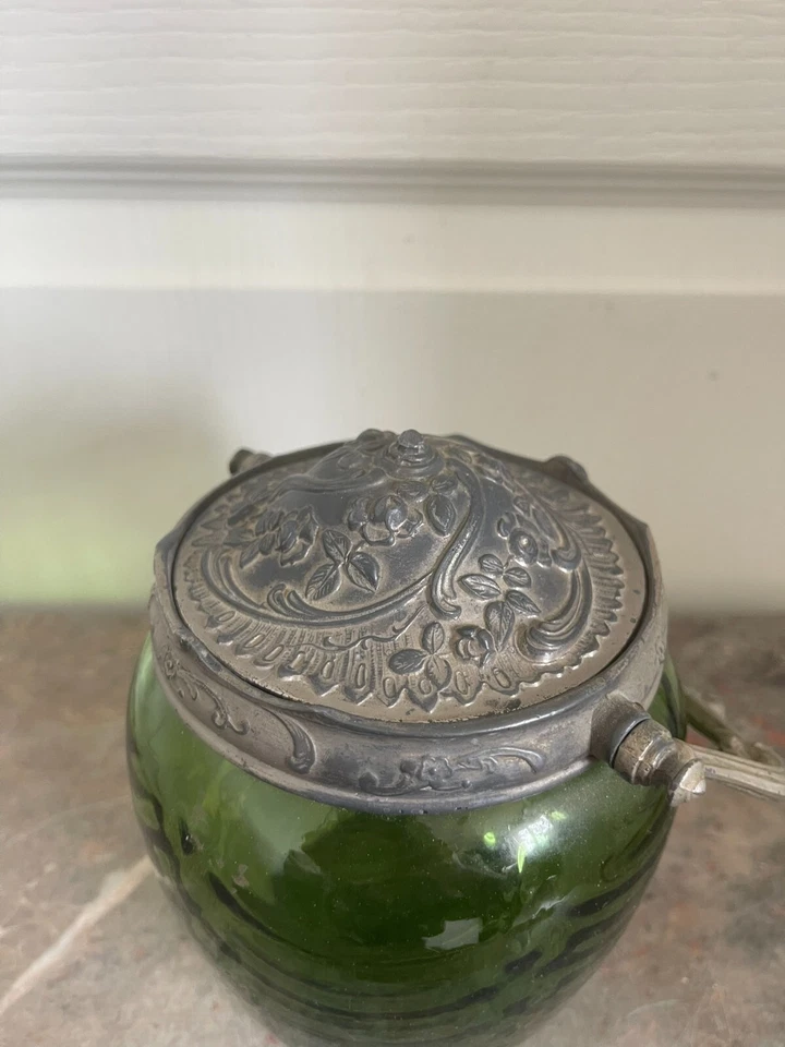 Ancien Seau Pot Biscuit Sucre Bonbonnière Second Empire Verre Vert Etain - Photo 3/4
