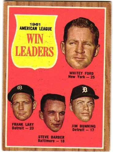 1962 Topps - League Leaders Whitey Ford, Jim Bunning, Steve Barber #57 -See Back