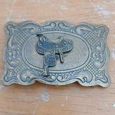 Saddle Motif Western Americana Belt Buckle Vintage Brass Tone Ornate Design