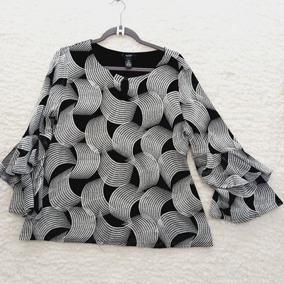 Blouse Abstract Black White Double Ruffle Office Embroidery Siren Artsy Size PXL